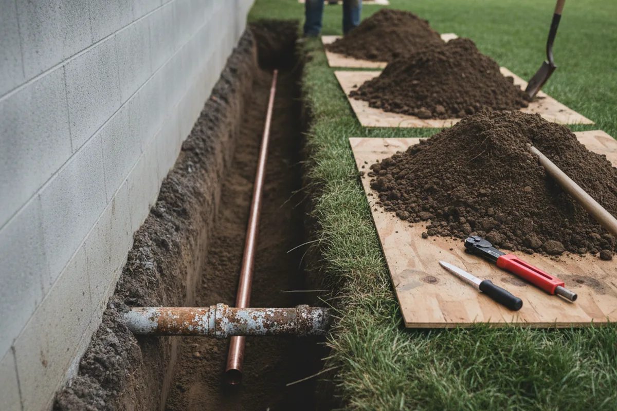 Excavated water line trench during Water Heater Repair in Sugar Grove